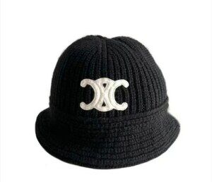 Celine Triomphe Ribbed Knit Bucket Beanie in Black